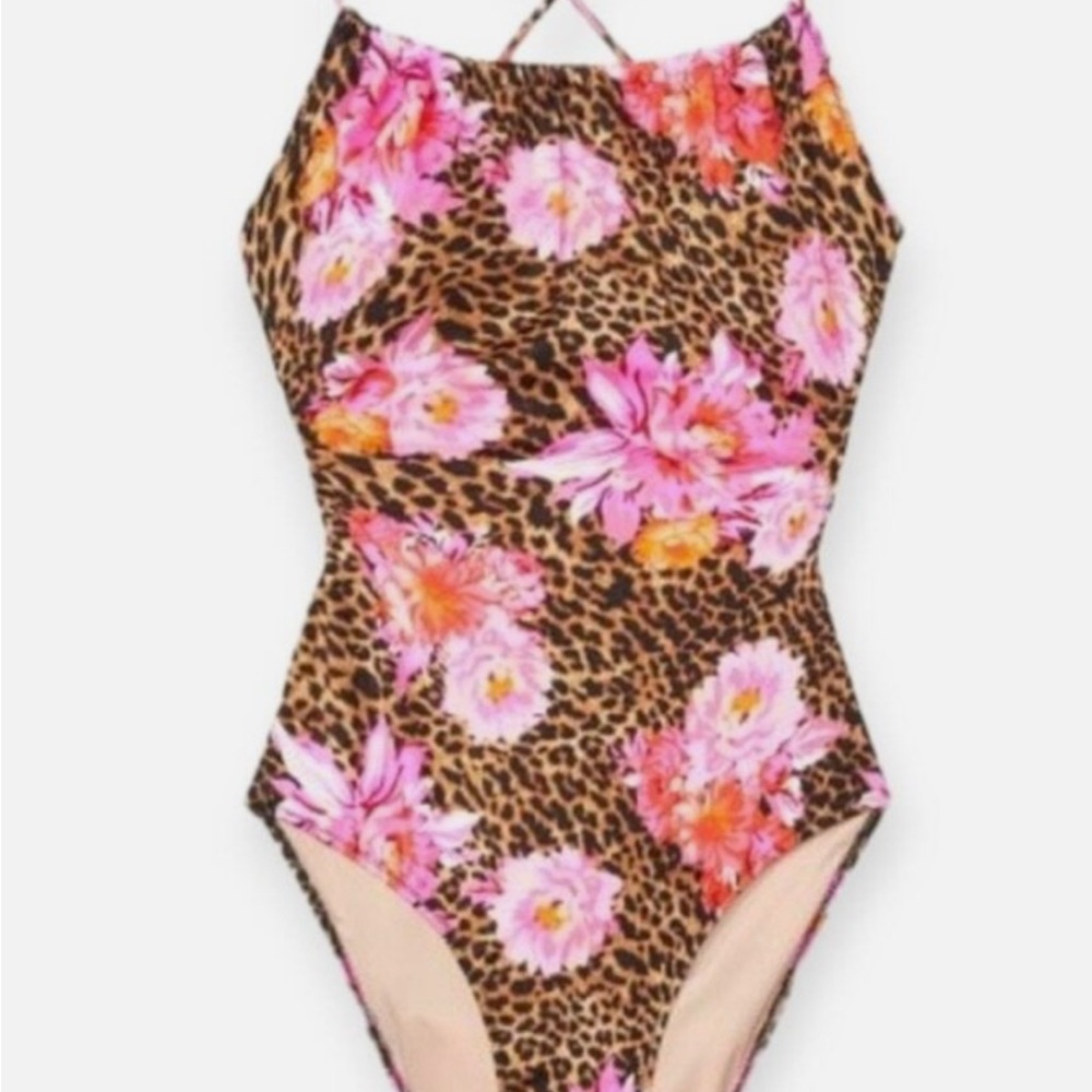 Victoria’s Secret Leopard Print One-Piece Swimsuit with Pink Floral Design